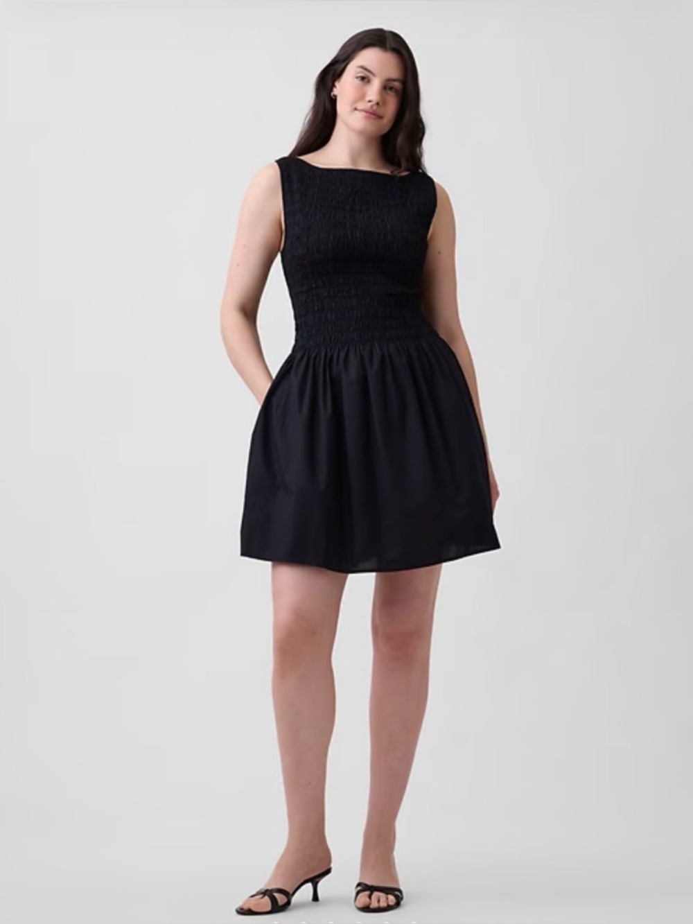 Gap Boatneck Smocked Mini Dress NWT M Spring LBD 100% Cotton Summer Event Black